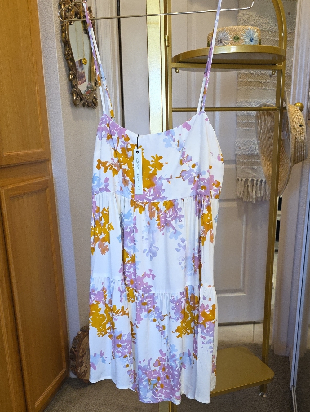 White Floral Sundress Cream White with Yellow & Lavender Blossoms Large (m)